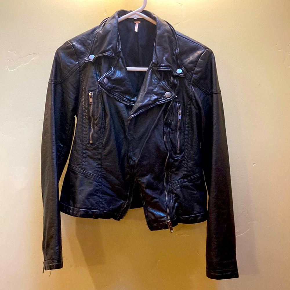 Free People black vegan Leather Jacket 0